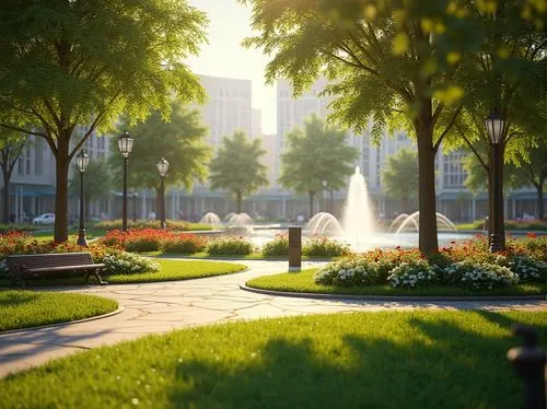 urban park,capitol square,city park,city fountain,center park,streamwood,uzak,city square,auraria,verdant,green space,cityplace,city corner,esplanade,central park,botanical square frame,3d render,townsquare,fountains,walk in a park,Photography,General,Realistic