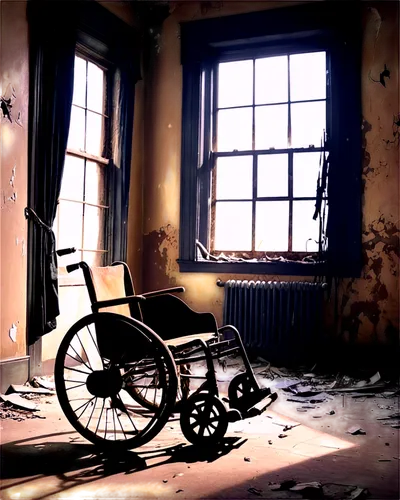 wheelchair,wheelchairs,wheel chair,paralysed,disablement,disabilities,disability,paralyzed,abled,reinjured,therapy room,abandoned room,hospitalizes,unwounded,sickroom,sanitorium,quadriplegia,abandoned,rehabilitation,derelict,Illustration,Realistic Fantasy,Realistic Fantasy 21