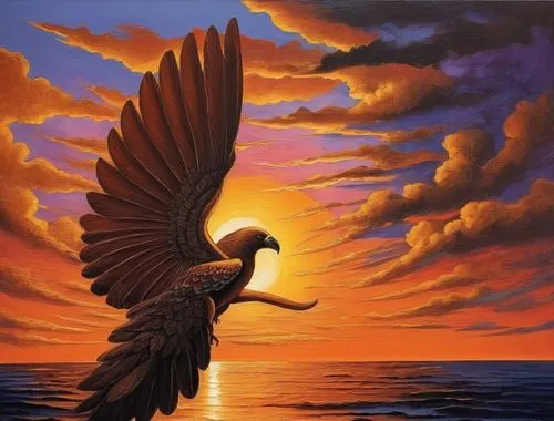 sunset at africa,aguiluz,aguila,uniphoenix,oil painting on canvas,pheonix,fenix,dove of peace,sun wing,phenix,rapace,black hawk sunrise,soaring,bird painting,african eagle,wieslaw,hildebrandt,constell