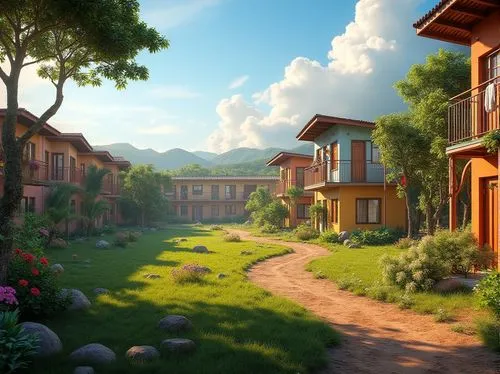 alpine village,aurora village,wooden houses,sylvania,ecovillages,home landscape,ecovillage,townhomes,mountain village,idyllic,streamwood,boardinghouses,knight village,mountain settlement,netherwood,springside,apartment complex,townhouses,butka,townhome,Photography,General,Realistic