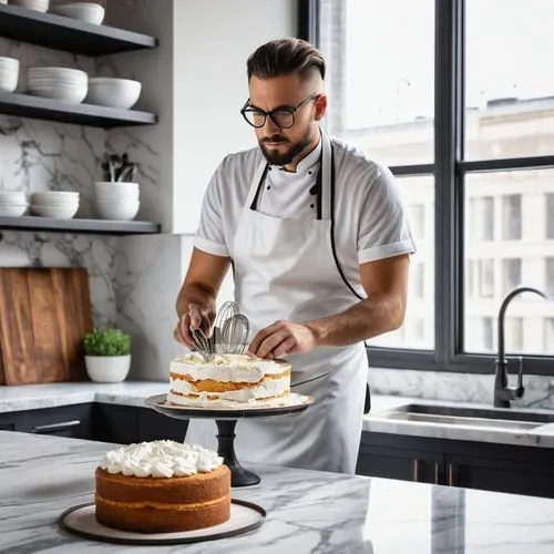 Architectural cake designer, male, 30s, stylish hair, black framed glasses, white apron, mixing bowl, whisk, pastry bag, intricate cake design, modern kitchen, marble countertops, stainless steel appl