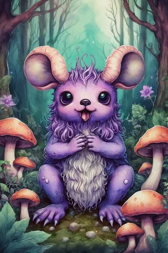 fae,knuffig,ori-pei,imp,taro,aye-aye,scandia gnome,koala,lavendar,cute koala,bombyx mori,cuthulu,cachupa,cute cartoon character,game illustration,purple background,stitch,ox,evil fairy,abra,Illustration,Realistic Fantasy,Realistic Fantasy 47