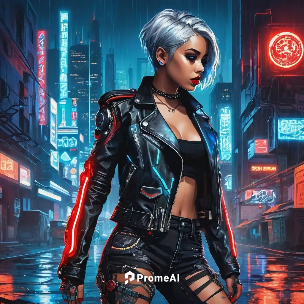 Nadia AI, futuristic cyborg, solo, (25yo), robotic limbs, glowing blue circuits, short silver hair, bold red lips, intricate mechanical tattoos, black leather jacket, ripped denim jeans, combat boots,