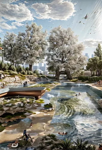 artificial islands,landscape design sydney,artificial island,landscape designers sydney,river of life project,futuristic landscape,salt meadow landscape,landscape plan,river landscape,riverbank,diamond lagoon,virtual landscape,gardens by the bay,lagoon,floating islands,wetland,fountain pond,3d rendering,nature garden,riparian zone