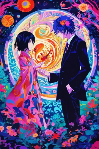 cosmos,芦ﾉ湖,psychedelic art,neon ghosts,prism ball,cosmic flower,shirakami-sanchi,masquerade,dancing couple,passion bloom,universe,falling stars,galaxy collision,art background,kaleidoscope art,colorful heart,colorful doodle,the ball,osomatsu,ganmodoki,Conceptual Art,Oil color,Oil Color 23