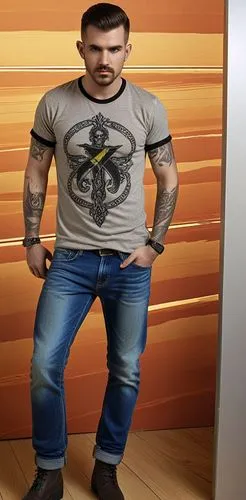 Handsome, masterpiece, Man looking seriously at camera wearing band t-shirt, jeans and boots, sleeve tattoos,a man in jeans standing near a wall,jeans background,jev,chaderton,jeaned,dwane,kovic