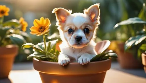 cute puppy,dog poison plant,chihuahua,flower background,corgi,potted flowers,Photography,Artistic Photography,Artistic Photography 03