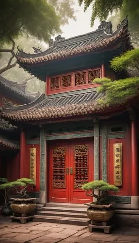 Ancient Chinese architecture, traditional abacus building, intricately carved wooden doors, ornate roof tiles, vibrant red walls, golden dragon decorations, lanterns hanging from eaves, intricate ston