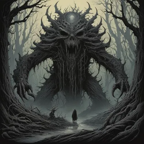 krampus,creepy tree,supernatural creature,dark art,death god,hag,elder,three eyed monster,forest man,death's head,haunted forest,black dragon,gnarled,nine-tailed,grimm reaper,hall of the fallen,the witch,tree man,devilwood,game illustration,Illustration,Black and White,Black and White 01