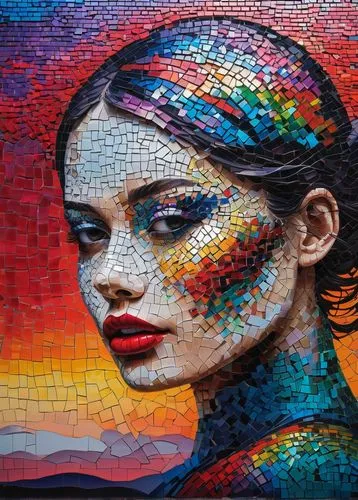 sunset, Taijituin, jigsaw puzzle, mosaic fading rainbow colors, red lips, Transform pixelated videos into high-definition footage.,street artist,seni,multicolor faces,flamenca,graffiti,mosaica,giocond