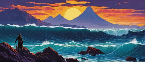 travel poster,mountain and sea,coastal landscape,an island far away landscape,mountain beach,navajo bay,volcanic landscape,coastal and oceanic landforms,tidal wave,sea landscape,volcanos,mountain sunrise,seascape,ocean waves,coast sunset,cliffs ocean,ocean,imperial shores,beach landscape,volcanism,Art,Classical Oil Painting,Classical Oil Painting 23