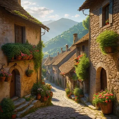 medieval street,alpine village,mountain village,medieval town,mountain settlement,knight village,townscapes,alsace,provencal,old village,potes,provence,maisons,aubonne,quaint,toussaint,gourdon,highstein,france,narrow street,Art,Classical Oil Painting,Classical Oil Painting 30