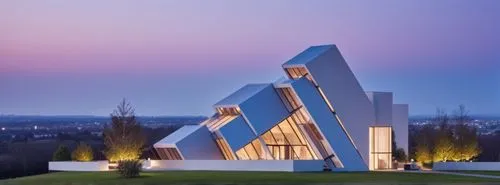 a building that has some lights on top of it,goetheanum,modern architecture,christ chapel,cube house,cubic house,futuroscope,Photography,General,Natural