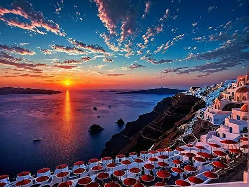 santorini sunset,many red umbrellas with some white buildings in the background,greek islands,greek island,greece,grece,grecia,thira,Illustration,Realistic Fantasy,Realistic Fantasy 25