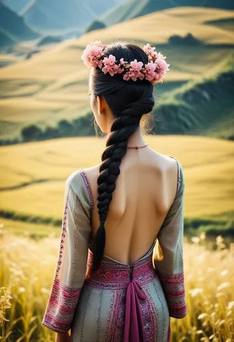 spectacular scene of Ha Giang nature in the background, an elegant Vietnamese lady with long braided black hair wears a tribal electic chic backless dress with Vietnamese tribal pattern in light earth