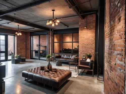 there is a living area with furniture and a tall brick wall,loft,lofts,apartment lounge,contemporary decor,redbrick,modern decor,Photography,General,Realistic