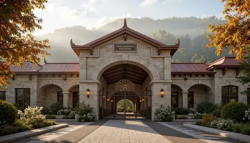 Regional museum facade, cultural heritage inspiration, earthy tone stonework, rustic wooden accents, grand entrance archways, ornate metal gates, subtle ornamentation, natural stone cladding, earth-to