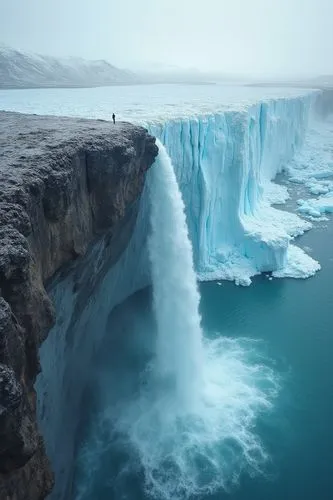 北極冰川斷崖,有一條細長的瀑布,斷崖上站著渺小的人,a person standing on a large ice shelf as it blows across the water,icefalls,icefall,meltwater,glacial melt,icelander,ice landscape