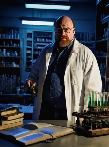 Peter Griffin, Walter White, standing, confident pose, balding hair, intense stare, goatee beard, black sunglasses, lab coat, button-down shirt, dark blue jeans, sneakers, holding a chemistry textbook