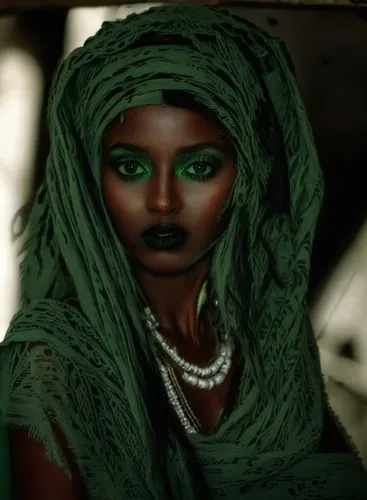 a black female with green eyeshadow and a veil on her head,maliana,afar tribe,nubian,african woman,ethiopian girl,wodaabe,Illustration,Realistic Fantasy,Realistic Fantasy 46