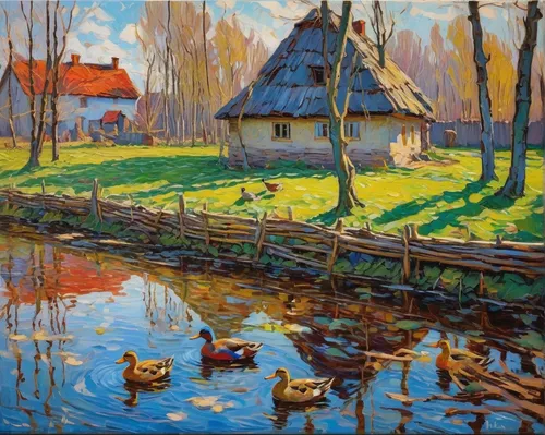 autumn landscape,rural landscape,home landscape,fisherman's house,puszta,farm landscape,river landscape,cottage,summer cottage,dutch landscape,ukraine,landscape,in the autumn,orlovsky,early spring,spring morning,oil painting,house with lake,ukraine uah,holland,Art,Artistic Painting,Artistic Painting 03