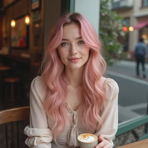 pink hair,cappuccino,barista,cappucino,cute coffee,espresso,Photography,General,Realistic