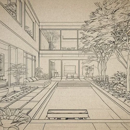 this sketch depicts the interior design of a house,ryokan,kodokan,japanese-style room,crittall,house drawing,japanese zen garden,Design Sketch,Design Sketch,Blueprint