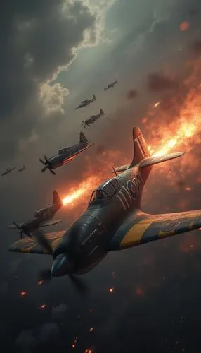 movie scene dogfights of aircrafts,a digital painting of some planes flying high up in the sky,nightfighter,beaufighters,seafires,spitfire,firebombers,stuka,warbirds,warbird,kittyhawks,stukas,afterbur