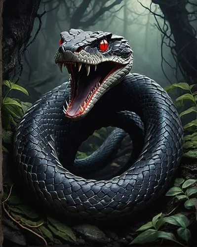 Venomous snake, dark fantasy, mystical, ancient forest, twisted roots, glowing red eyes, sharp fangs, scaly skin, coiled body, hissing sound, eerie atmosphere, foggy mist, mysterious ruins, crumbling 