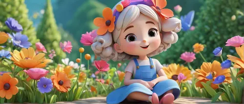 Describe a peaceful garden with vibrant flowers and a gentle breeze.,cartoon flowers,flower background,girl in flowers,cute cartoon character,agnes,spring background,clove garden,flowers png,daffodils