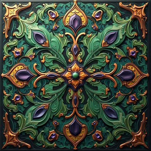 Intricate Art Nouveau pattern, flowing organic curves, lavish ornate details, rich jewel-toned colors, emerald green, sapphire blue, amethyst purple, golden yellow, copper accents, subtle gradient eff