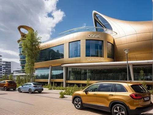 REMODELACION DE UNA PLAZA COMERCIAL, CON ARQUITECTURA NOVEDOSA,a group of cars parked in front of a yellow building,autostadt wolfsburg,mercedes-benz museum,car showroom,skolkovo,adam opel ag,mercedes