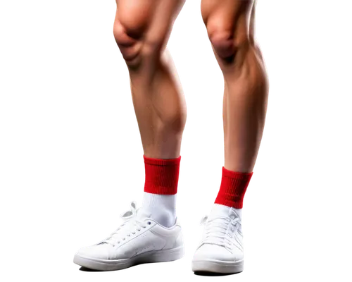 Right knee, close-up, solo, detailed skin texture, subtle wrinkles, slight scar above kneecap, athletic muscular leg, prominent calf muscle, short sport socks, white athletic shoes, bent knee pose, st