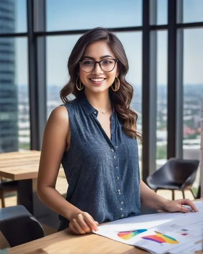 Modern interior design student, young adult, 20s, casual wear, glasses, neat hair, smiling face, holding a portfolio, standing in a luxurious interior design studio, sleek wooden tables, fancy chairs,