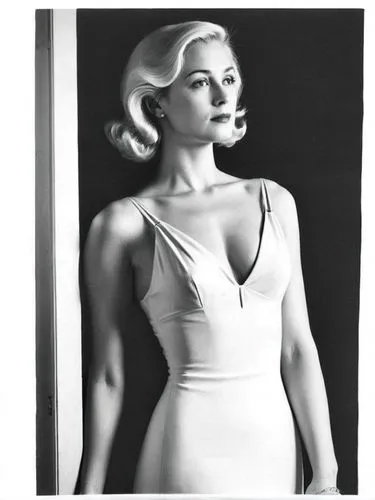 simple drawing of a woman with blonde hair in a dress near a window,a woman in white swimsuit leaning against wall,blumenfeld,gena rolands-hollywood,courreges,grace kelly,dita,marylin,Photography,Blac