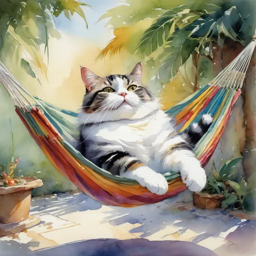 hammock,cat resting,sunlounger,american shorthair,cat european,deckchair,hammocks,aegean cat,cat image,leisure,cat-ketch,american bobtail,american curl,idyllic,watercolor cat,calico cat,hanging cat,lazing around,cat vector,sun-bathing,Conceptual Art,Oil color,Oil Color 03