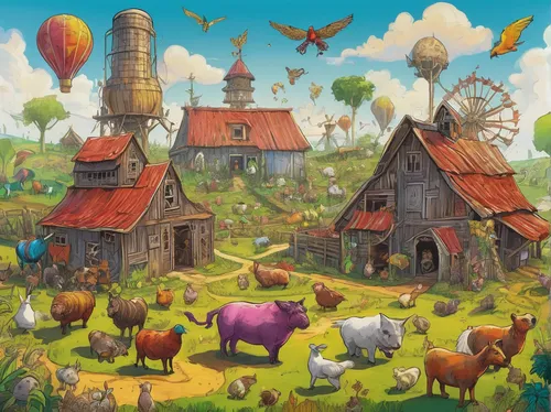 Imagine an enchanting fantasy world where the animals of Farm Hero Saga possess magical abilities that aid in their farm duties.,barnyard,farm animals,farmyard,pony farm,whimsical animals,piglet barn,