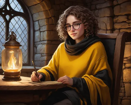 librarian,candlemaker,scholar,fantasy portrait,bookworm,rowan,girl studying,tutor,games of light,reading glasses,cg artwork,candle,light of autumn,poker primrose,romantic portrait,potter,artist portrait,candle wick,candlelight,author,Illustration,Retro,Retro 19