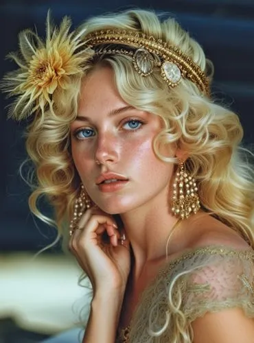 a woman with long blonde hair and a dress,headpieces,vintage makeup,bridal jewelry,vintage woman,syrena,eleniak,Photography,General,Realistic