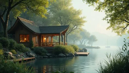 Waterfront boathouse, harmonious integration with nature, lush greenery, overhanging trees, rustic wooden pillars, natural stone foundation, curved lines, soft morning light, misty atmosphere, serene 