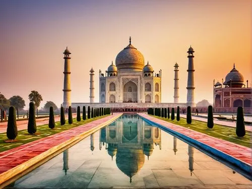 White marble mausoleum, Taj Mahal architecture, intricate inlays of precious stones, ornate arches, grand domes, Islamic calligraphy, Persian and Indian influences, majestic entrance gates, reflecting