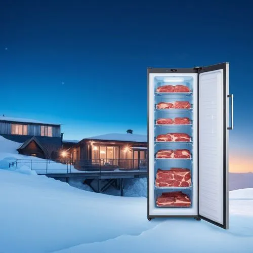 a summit upright freezer with meat inside standing on a iced , with house on the background and light dark blue background,a refrigerator in the snow and an illuminated building in the distance,refrig