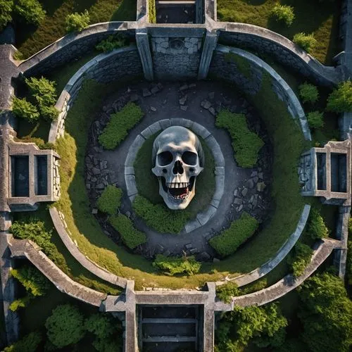 skull statue,skull sculpture,death's head,skull with crown,mausoleum ruins,drone image,drone shot,necropolis,human skull,from above,the center of symmetry,death's-head,skull bones,dji mavic drone,steam icon,view from above,hall of the fallen,the grave in the earth,rosarium,drone view