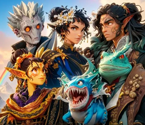 group photo of adventurers,an image of four people and two dragon characters,dragones,niroshan,personifications,personajes,vondra,summoners,Anime,Anime,General