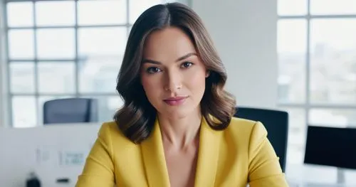 woman in office,woman in yellow jacket posing for camera in front of a desk,blur office background,derya,jennylyn,hande,sarikaya,hontiveros