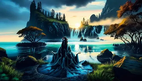 a digital painting of a scene of an island,fantasy landscape,fantasy picture,cartoon video game background,an island far away landscape,fantasy art,landscape background,Illustration,Realistic Fantasy,