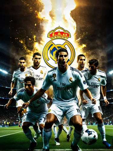 Generate a captivating photographic poster-style image that encapsulates the dynamism and prestige of Real Madrid, the renowned football club in Spain. Showcase players in action on the field, adorned