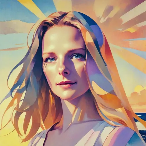 Portrait of a young woman with long flowing hair against the background of a sea sunset in sunny weather. Made in the style of rich oil painting.,vector art,sun,digital art,digital painting,portrait b