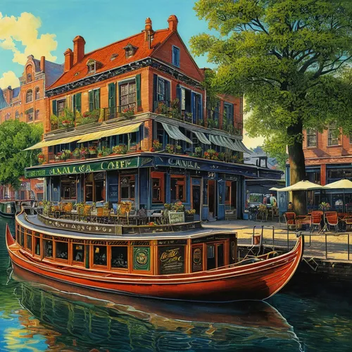 houseboat,riverboat,boat landscape,baltimore,water taxi,new orleans,york boat,floating restaurant,boat harbor,harbor,port of call,waterside,rowboats,floating huts,row boat,floating on the river,row boats,picnic boat,waterfront,two-handled sauceboat,Illustration,Retro,Retro 24