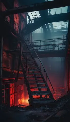 Mysterious Kromy, abandoned factory, industrial area, evening time, dimly lit, old rusty machinery, broken windows, worn-out concrete walls, metal stairs, dim red lighting, foggy atmosphere, cold tone